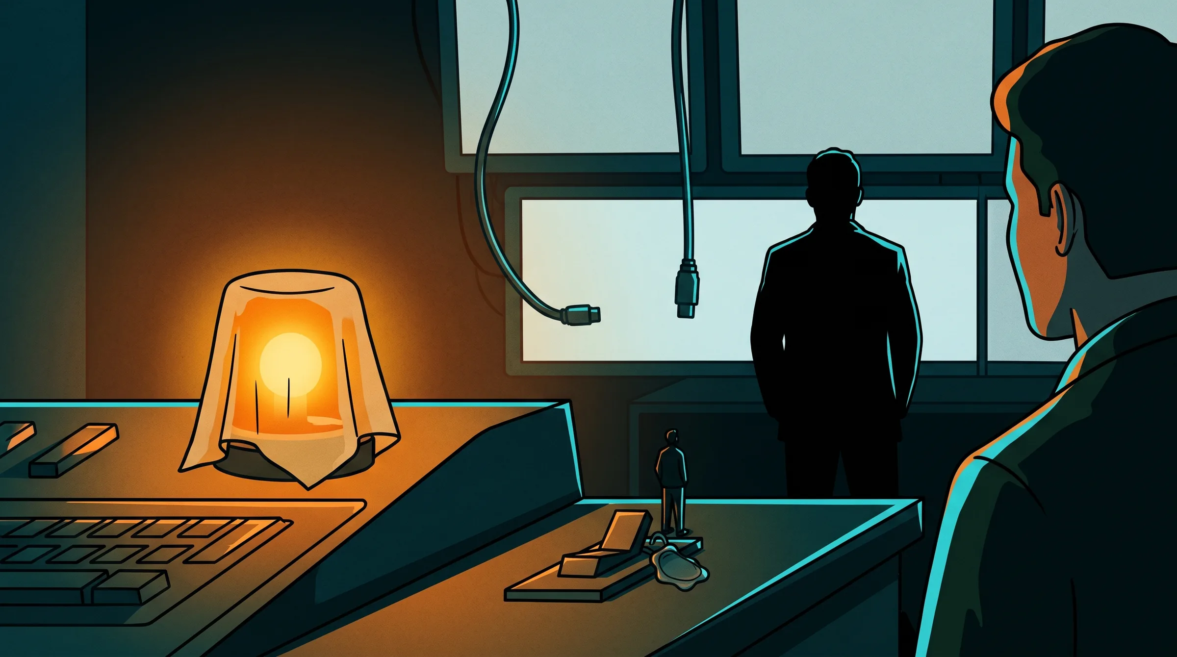 Panel de control en penumbra con una luz de aviso tapada por un paño y un interruptor precintado; al fondo, la silueta de una persona de espaldas ante pantallas apagadas.