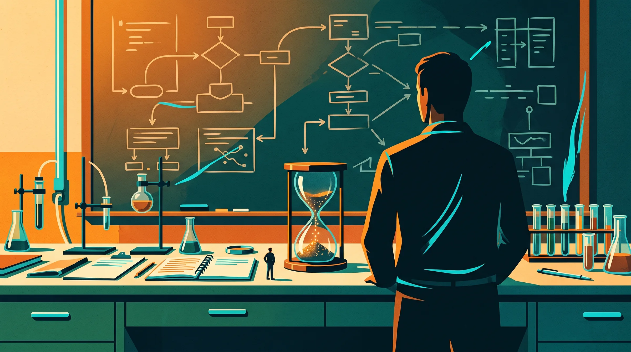 Silueta de una persona de espaldas ante una pizarra con diagramas, junto a una mesa de laboratorio con instrumentos y un reloj de arena con granos luminosos.