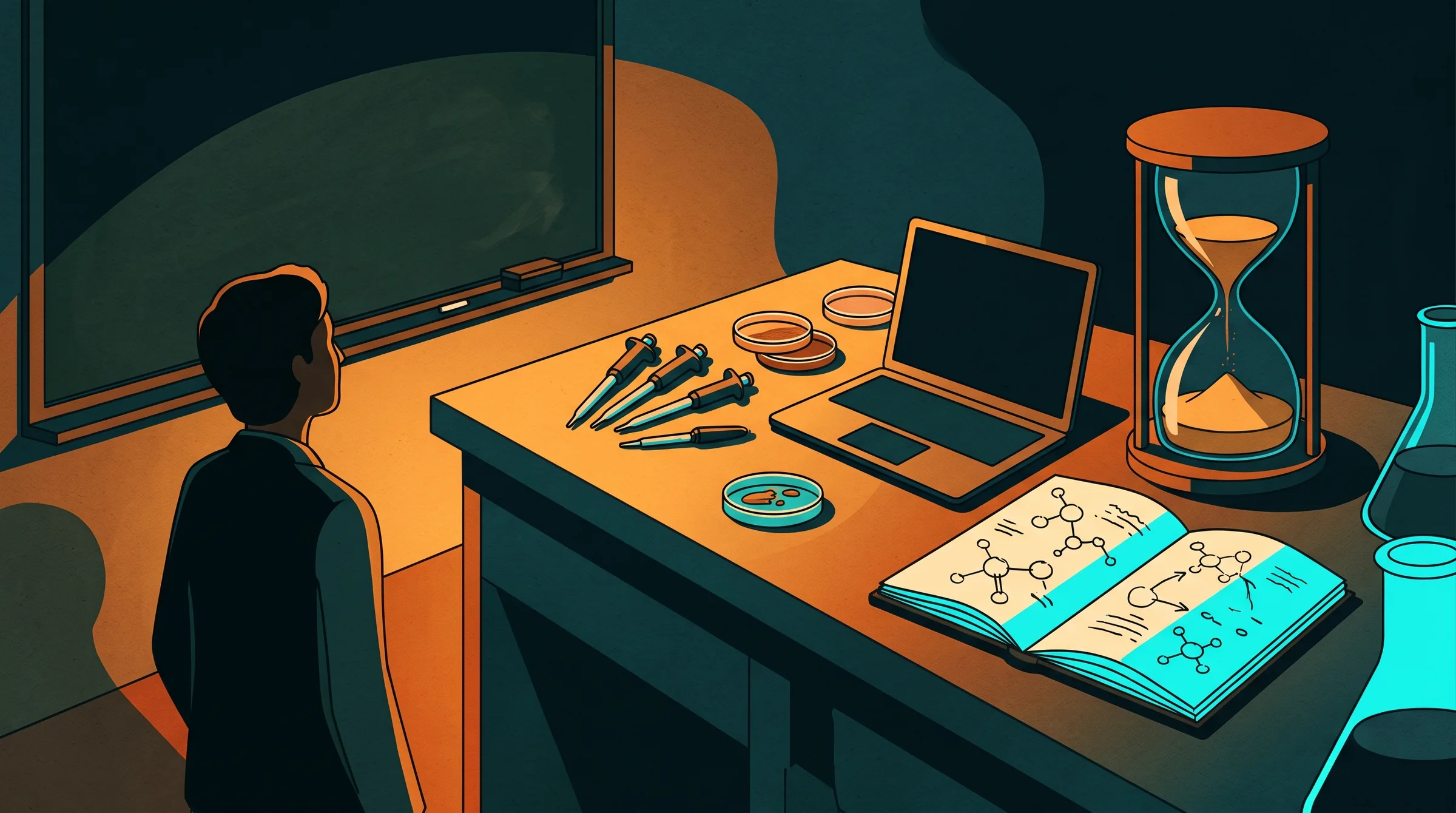 Banco de laboratorio en penumbra con pipetas, placas y un cuaderno de diagramas moleculares; al fondo, una silueta de espaldas ante una pizarra y un reloj de arena sobre la mesa.