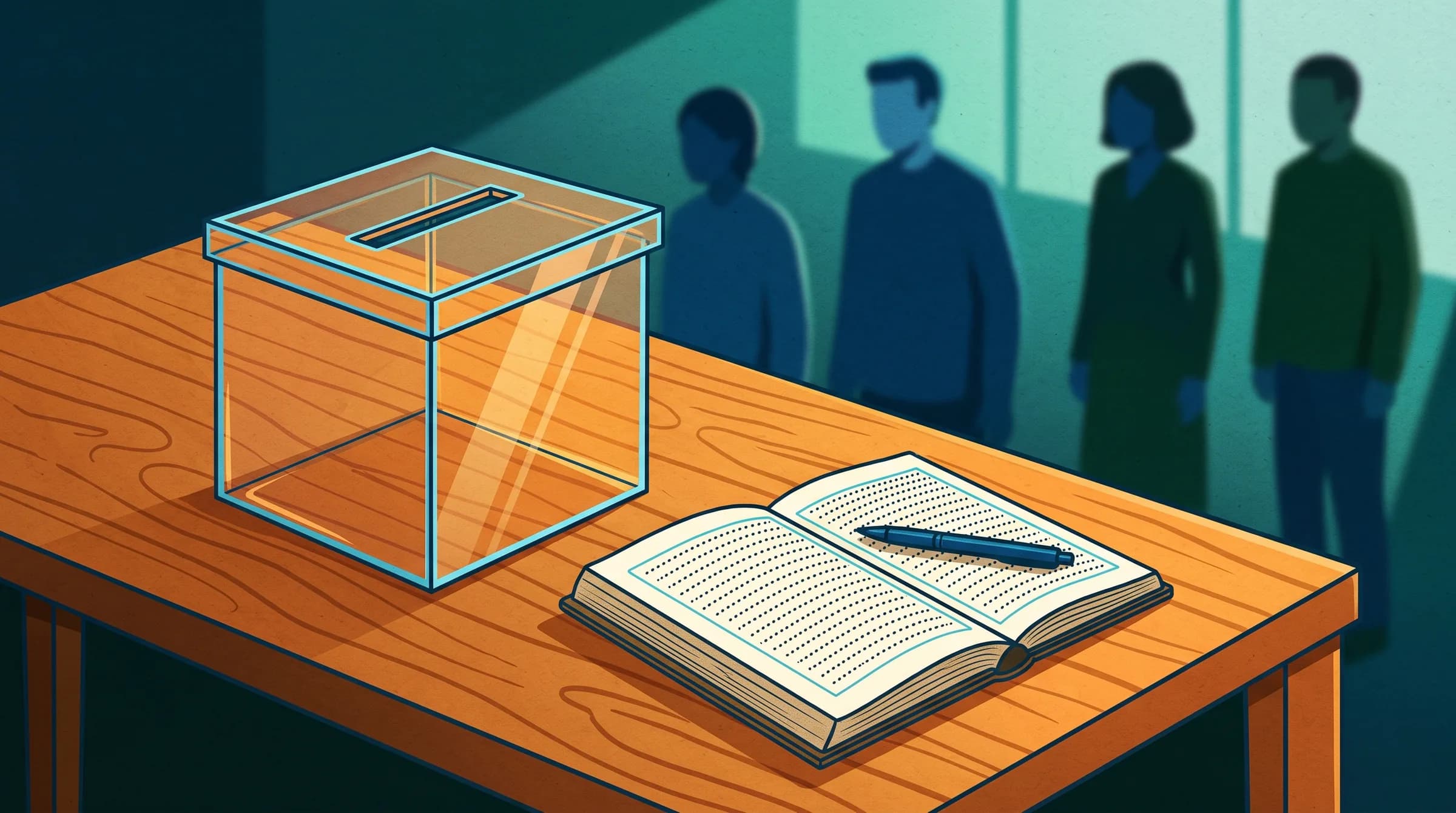 Urna de cristal vacía sobre una mesa junto a un cuaderno con una cuadrícula de puntos; al fondo, siluetas difuminadas de personas en fila.