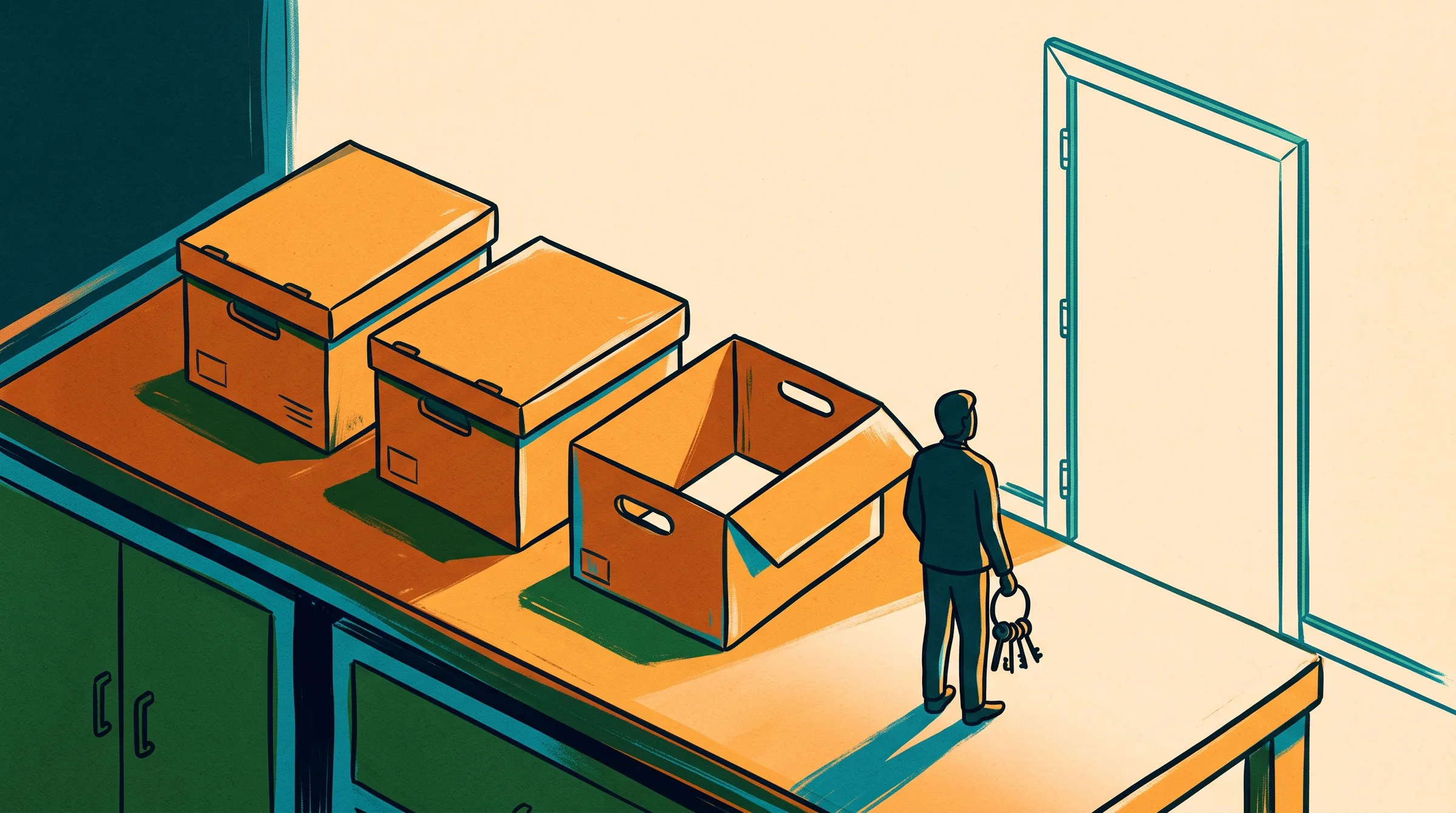 Tres cajas de archivo sobre una mesa; la tercera está vacía y sin fondo. Al lado, la silueta de espaldas de una persona con unas llaves en la mano frente a una pared sin puerta.