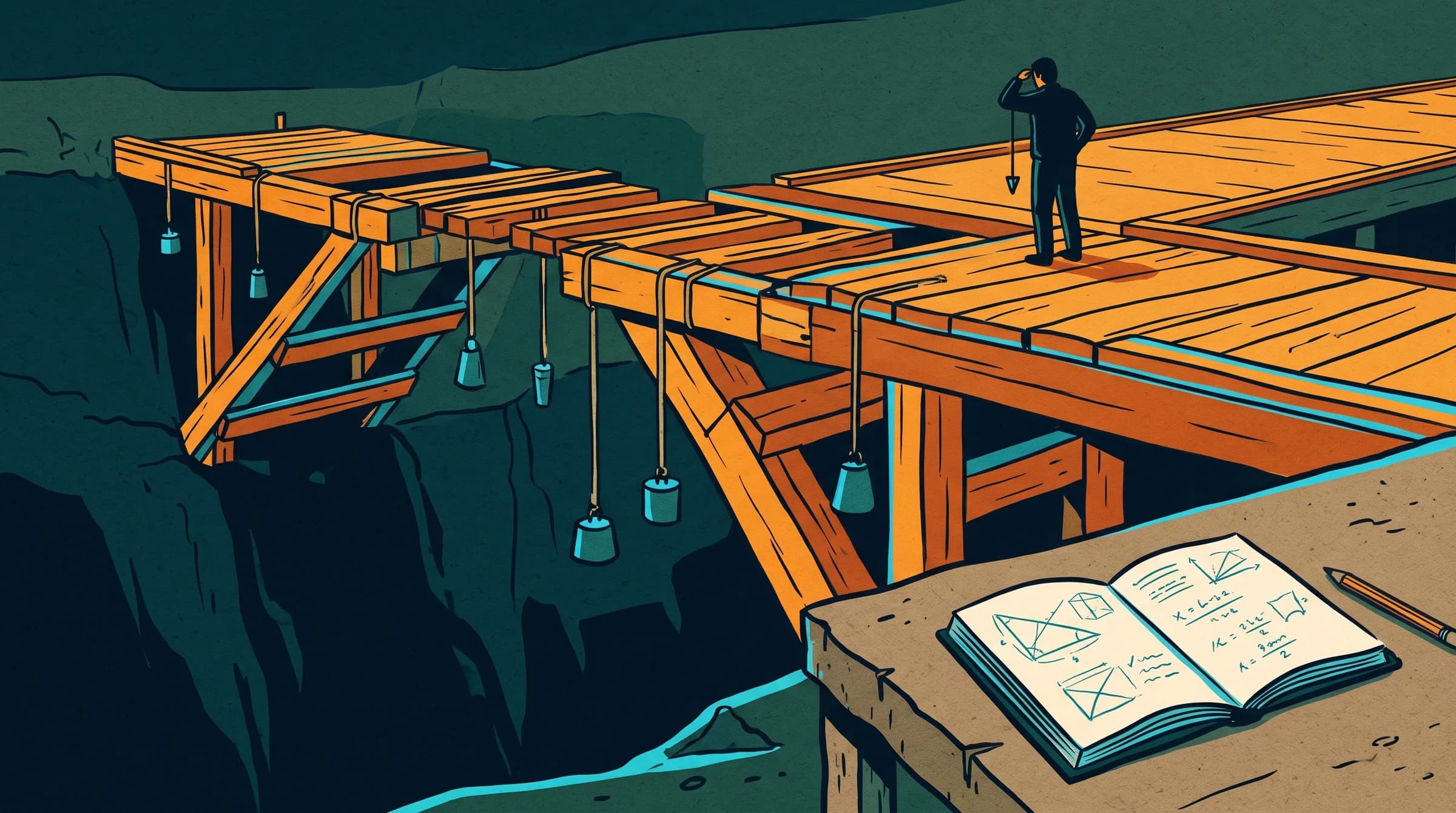 Puente a medio construir con pesos de prueba colgando y un cuaderno de cálculos en primer plano; al fondo, una persona de espaldas comprueba la estructura con una plomada.