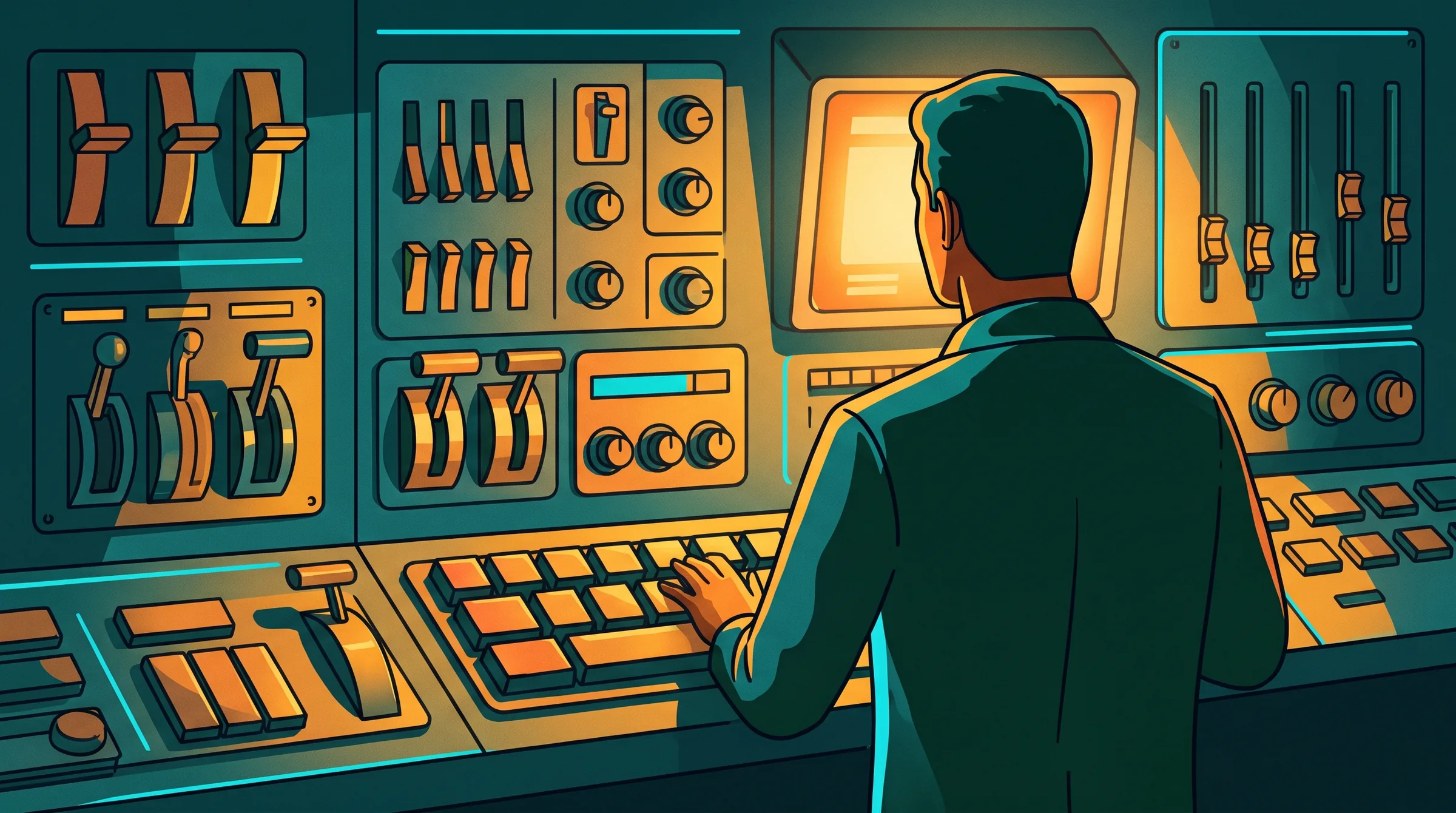 Una persona de espaldas ante un panel de mandos lleno de interruptores y teclas ordenados por grupos, iluminado por una pantalla de terminal