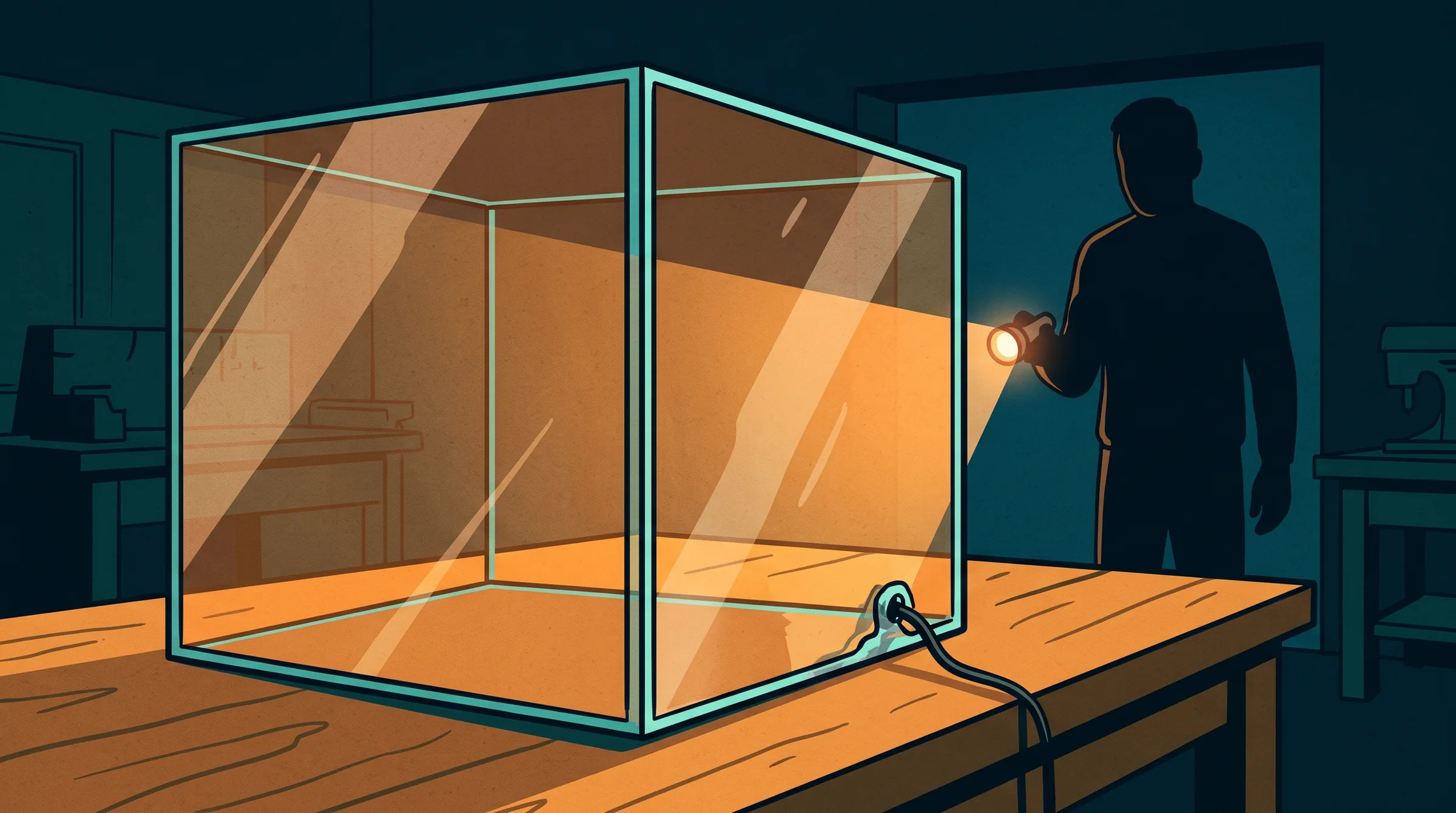 Caja de cristal cerrada sobre una mesa con un cable que se escapa por una rendija, y al fondo la silueta de una persona de espaldas iluminándola con una linterna.