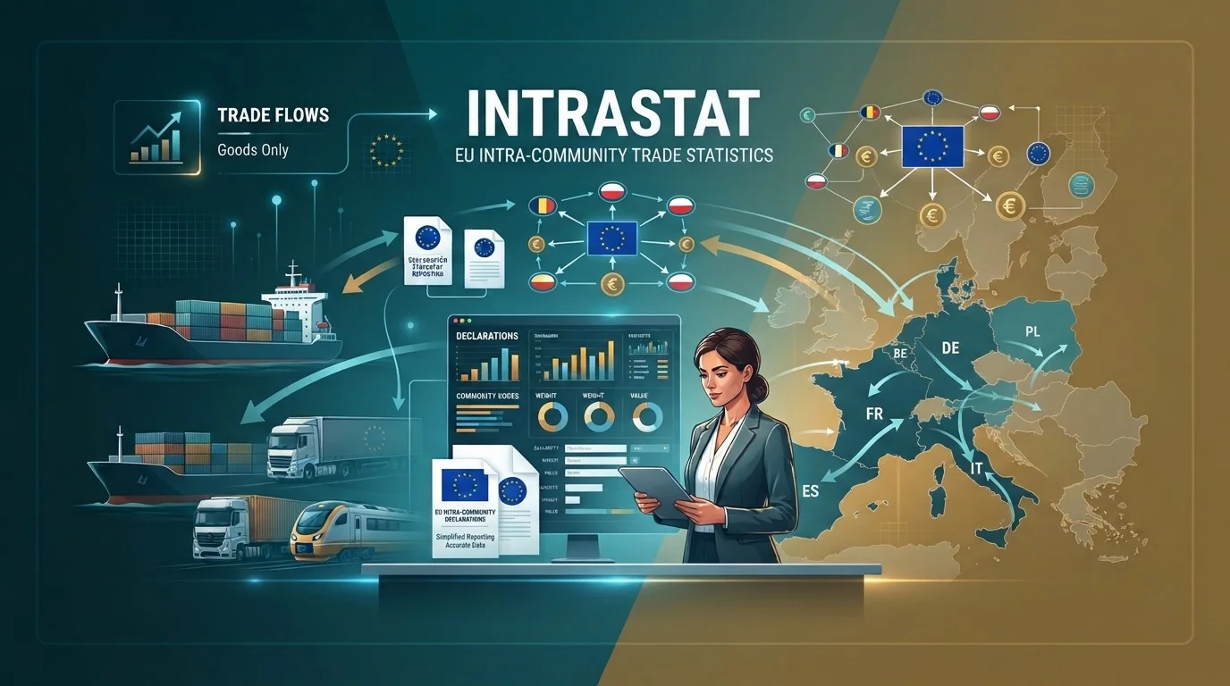 Illustration titled «Intrastat, EU intra-community trade statistics» with the note «goods only»: ships, lorries and a train carrying containers on the left, a woman reviewing declarations on a tablet in front of a screen with weight and value charts, and on the right a map of Europe with trade arrows between Spain, France, Germany, Italy, Belgium and Poland.