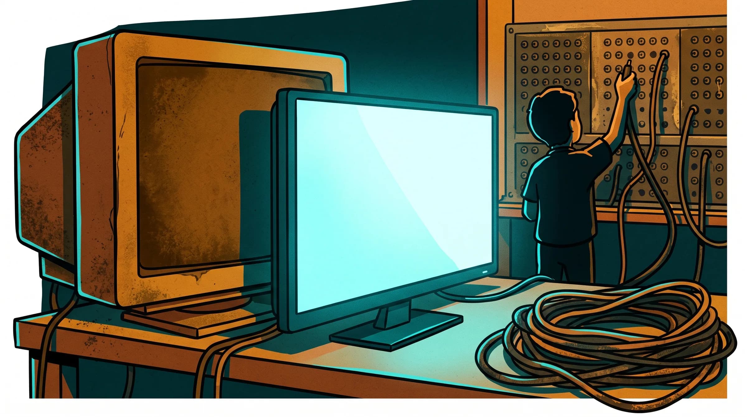 Monitor de tubo antiguo apagado junto a una pantalla plana moderna encendida, con cables enrollados y una persona de espaldas en silueta desconectando un cuadro de conexiones.