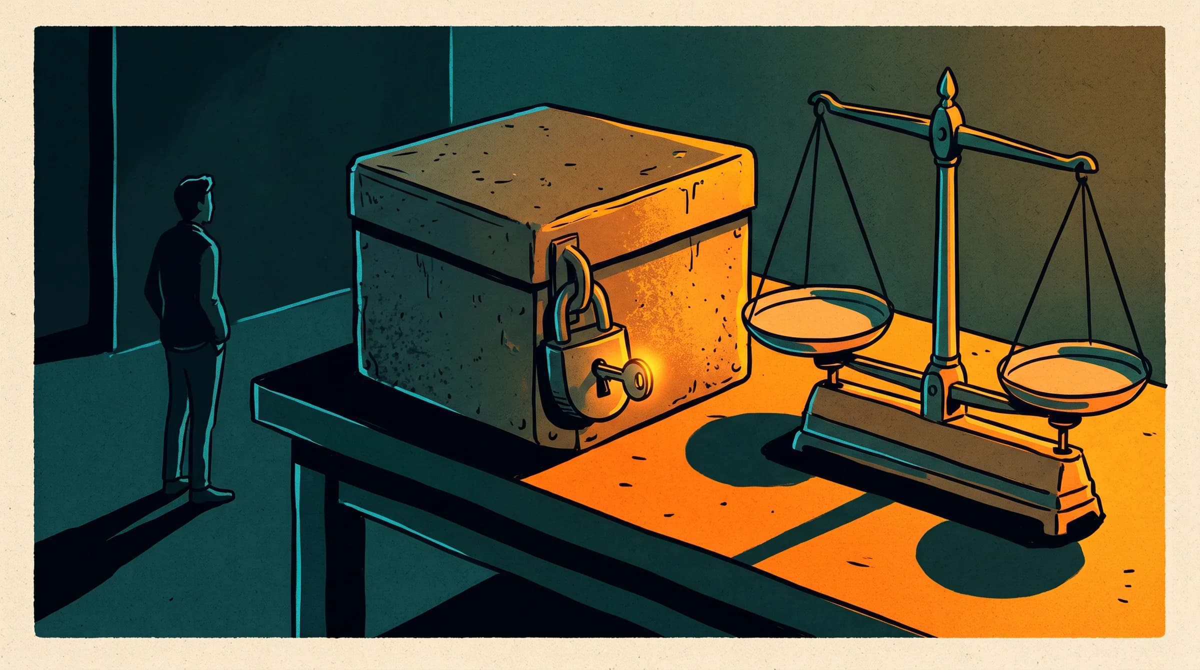 Caja metálica con un candado y la llave puesta junto a una balanza de platillos casi igualada, con la silueta de una persona esperando al fondo.