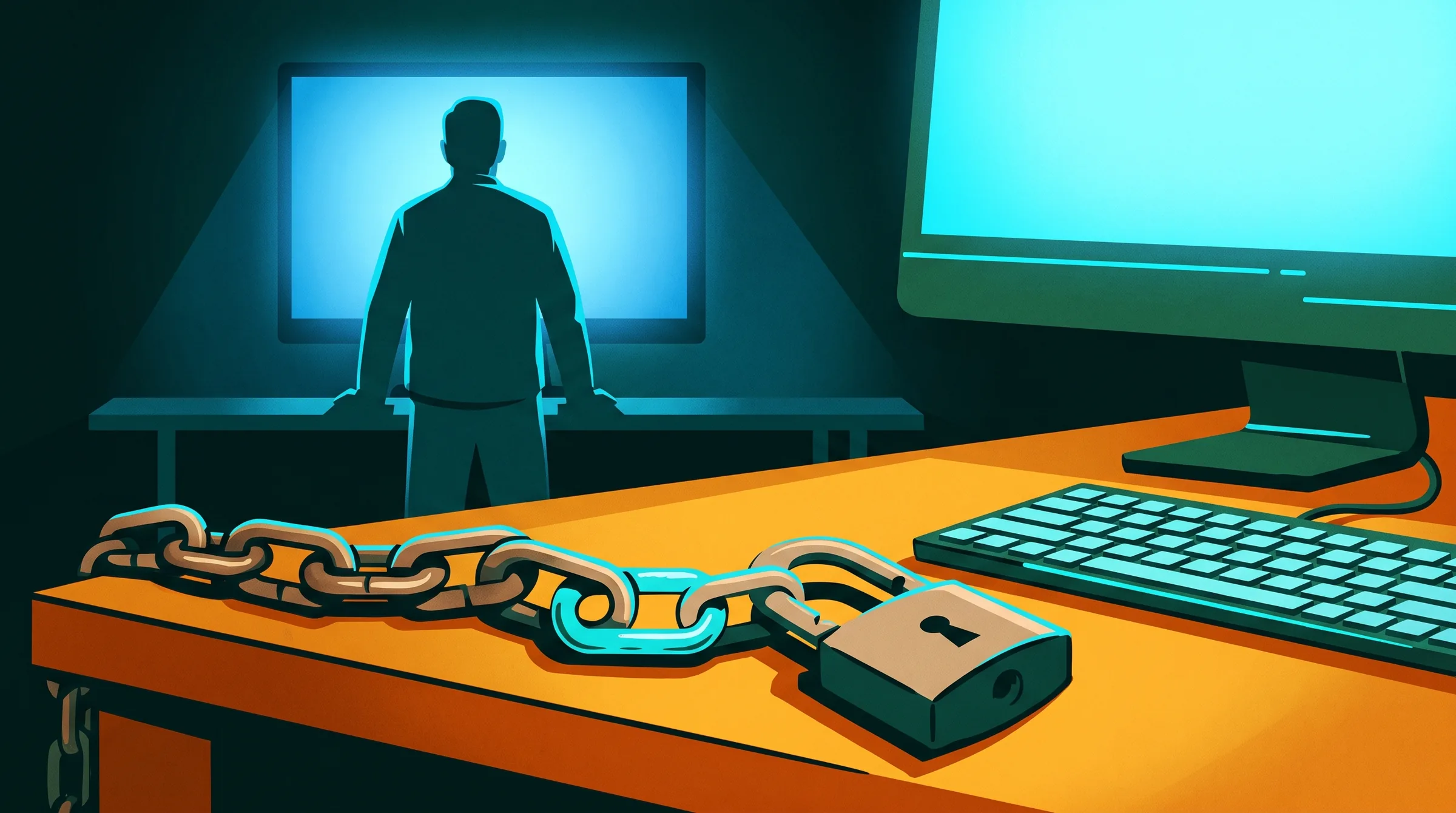 Cadena sobre una mesa con un eslabón falso y un candado abierto; al fondo, silueta de una persona de espaldas ante un monitor.