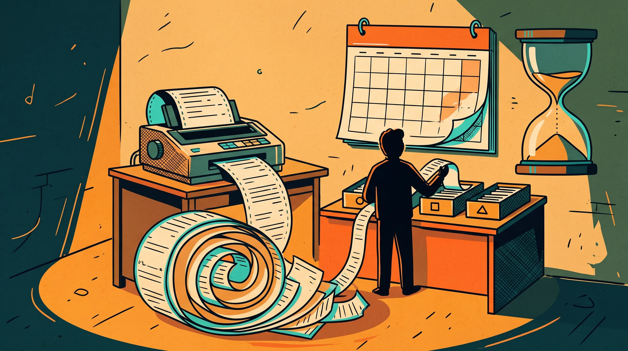 Silueta de una persona de espaldas clasificando en bandejas un largo rollo de papel que sale de una impresora, con un calendario y un reloj de arena al fondo.