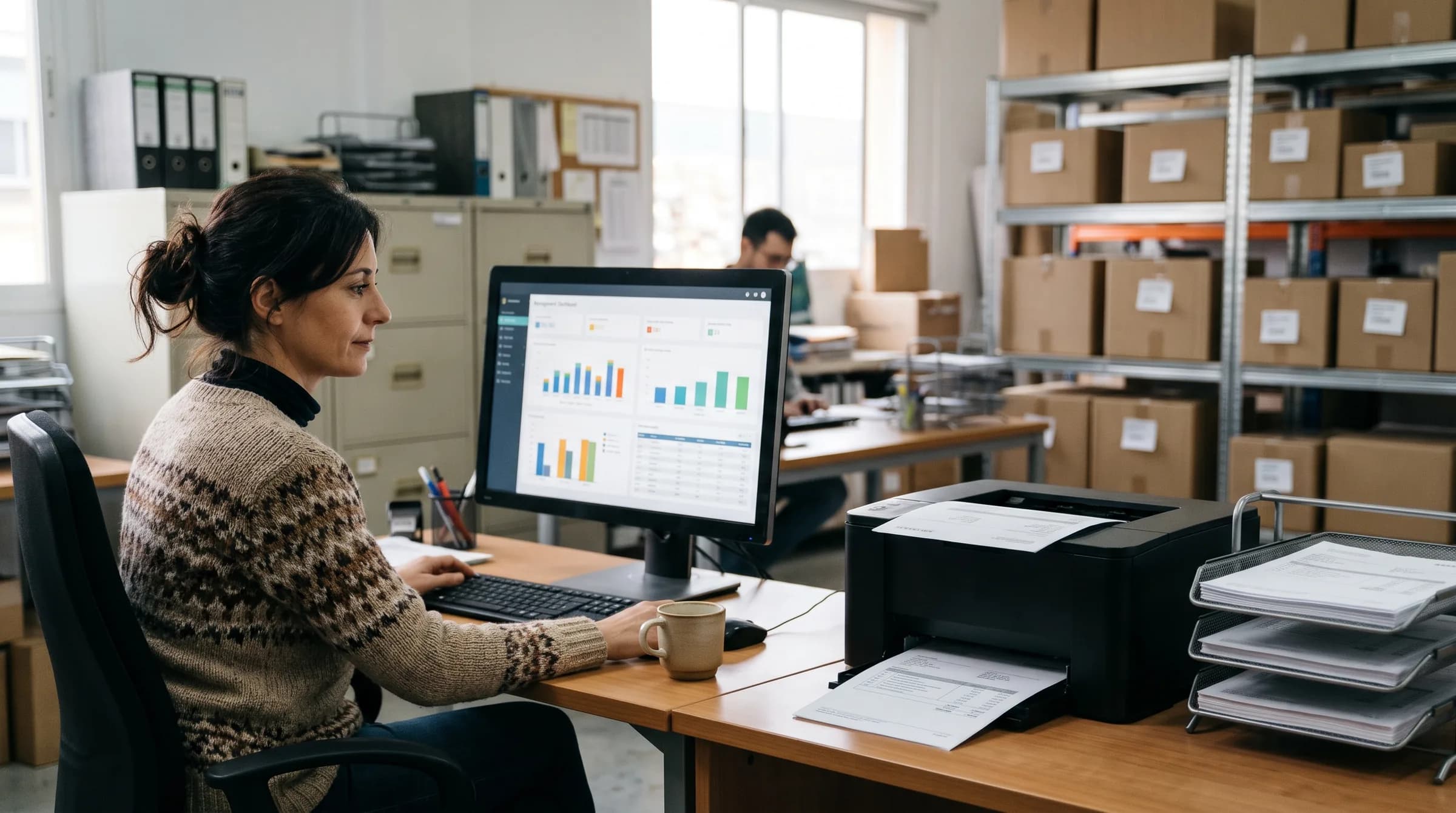 Photograph of a small distributor's office: a woman in a knitted jumper looks at a management dashboard with bar charts and a table on her monitor; to her right, a laser printer with a document coming out and a tray of already printed papers; in the background, a colleague working and metal shelves with cardboard boxes.