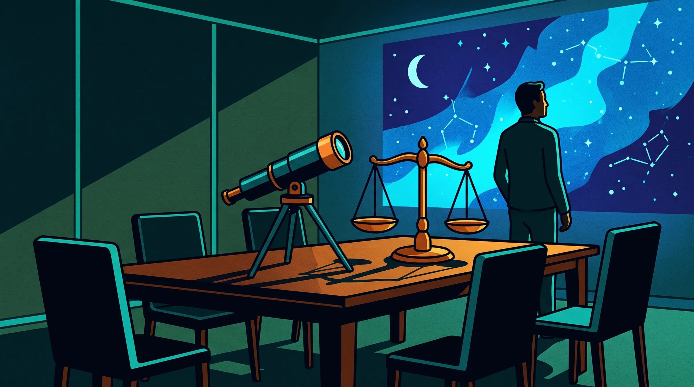 Mesa de reunión con un telescopio y una balanza en equilibrio, y una figura de espaldas mirando un cielo estrellado proyectado en la pared