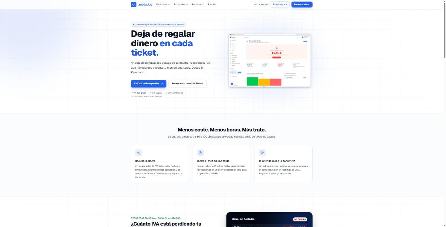 The Anotados home page, showing the value proposition and the receipt reader