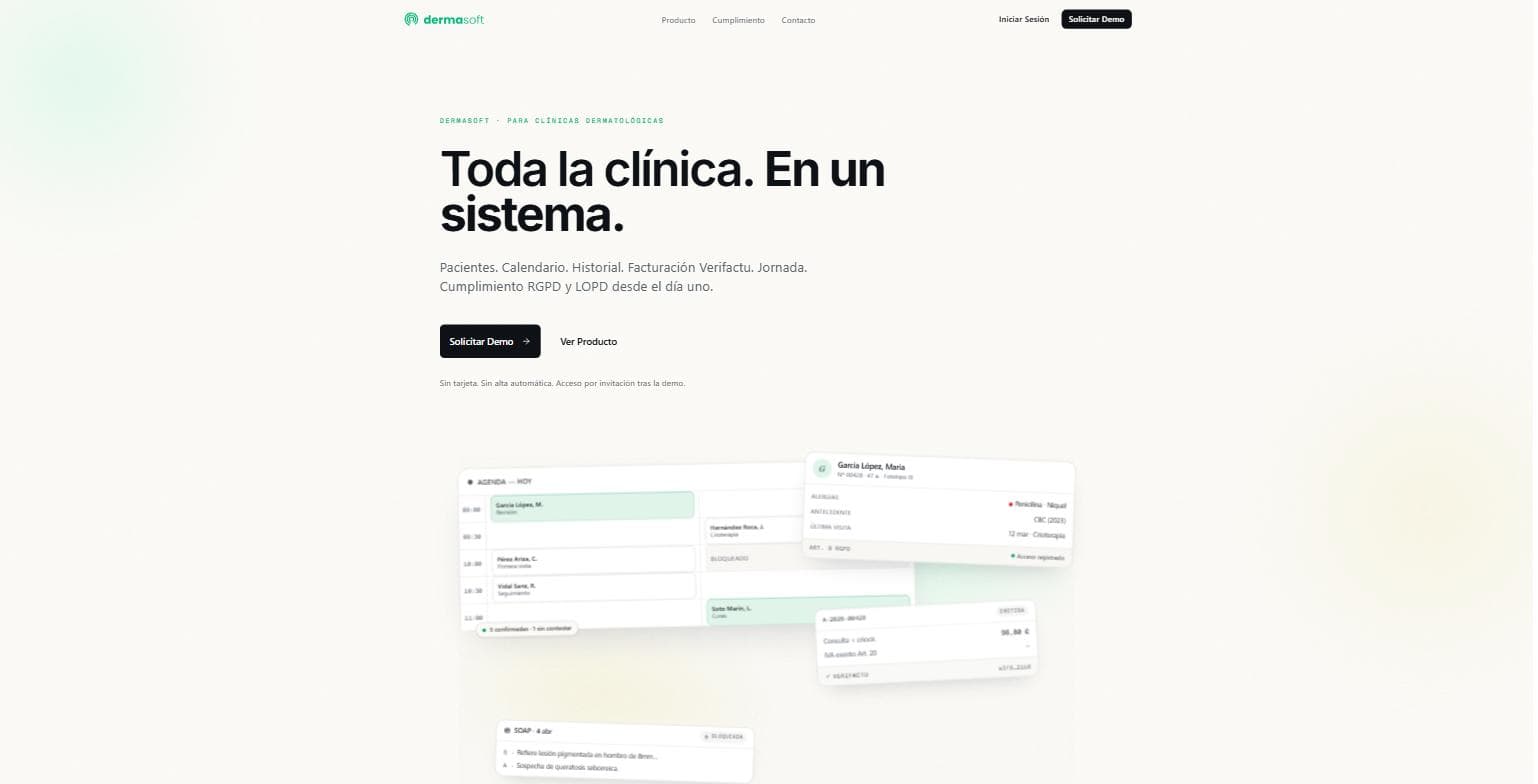The Dermasoft home page, showing end-to-end clinic management