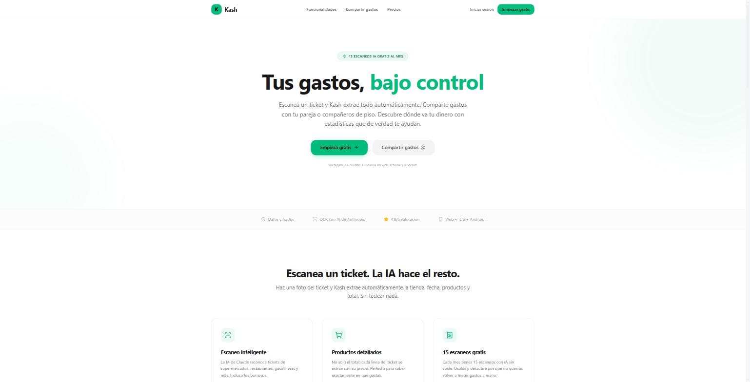 Página principal de Kash con el control de gastos del hogar