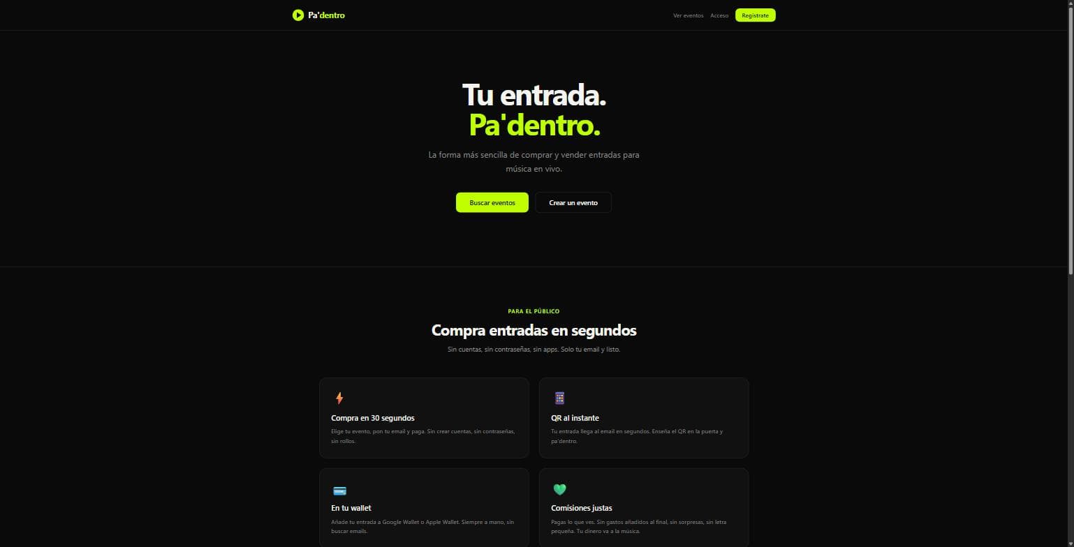 The Pa'dentro home page, showing ticket sales for music venues