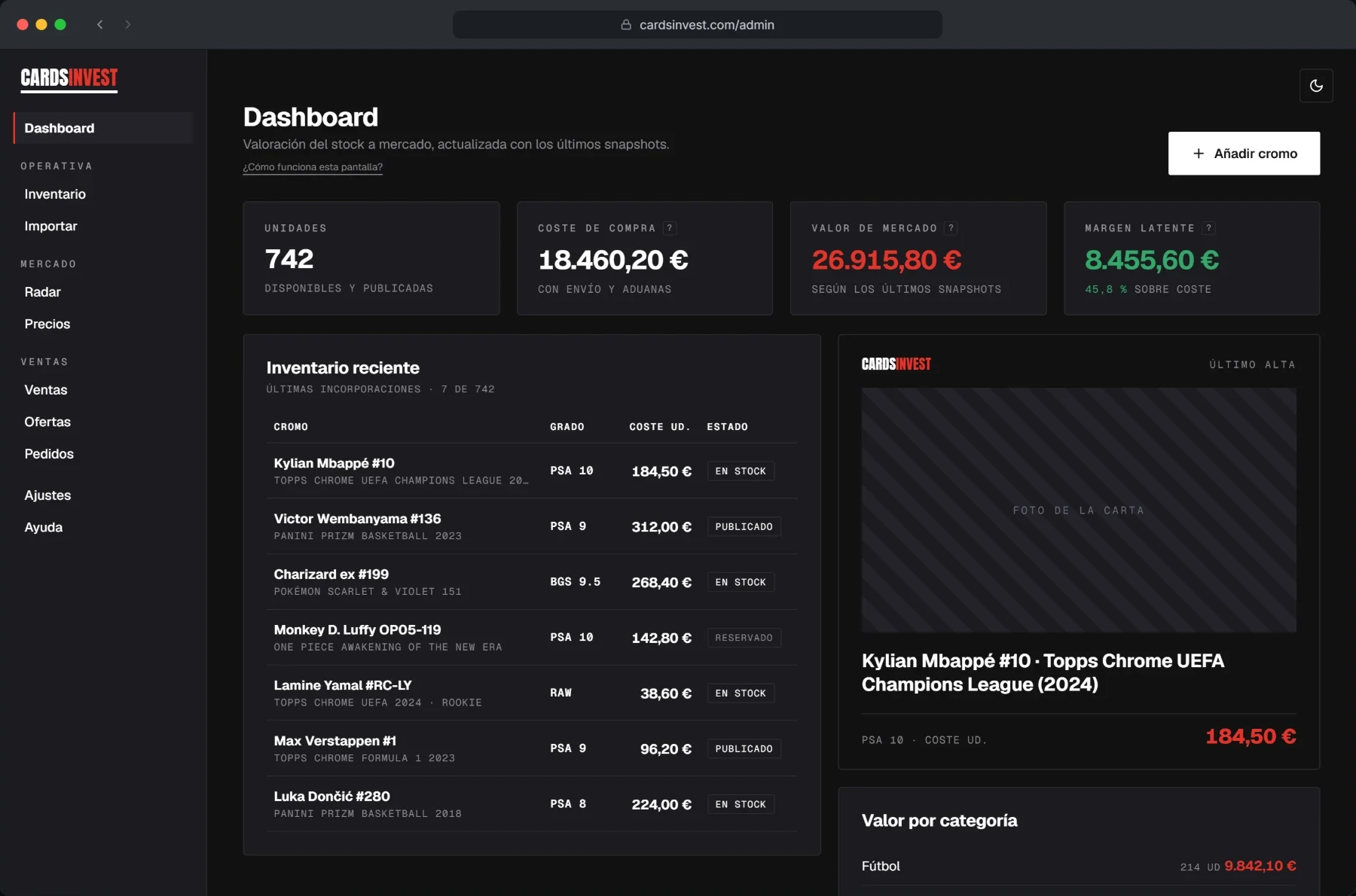 Marketplace admin dashboard: units in stock, purchase cost, market value and unrealised margin, recent inventory with each card's grade and status, and value by category